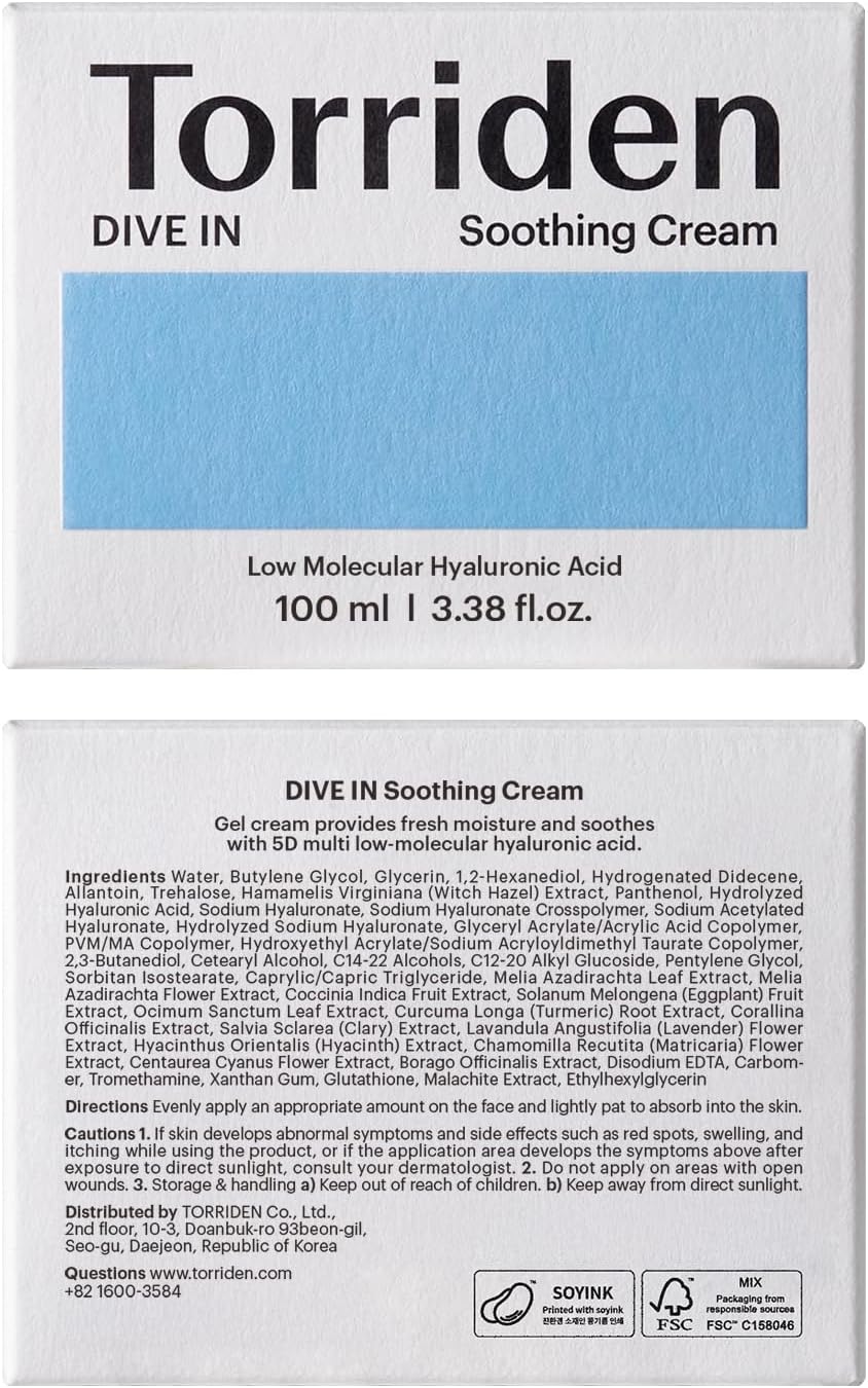 Torriden DIVE-IN Soothing Cream 100ml - Crema Lenitiva con Acido Ialuronico 5D